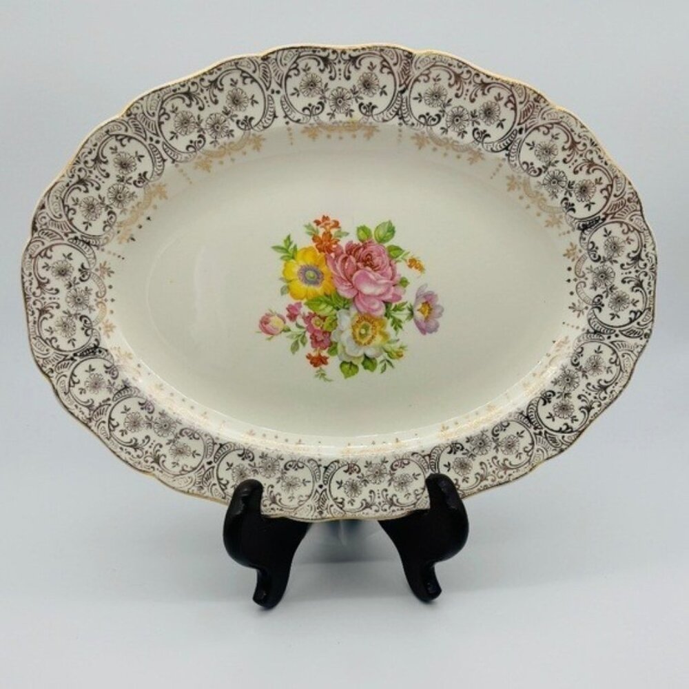 Keystone Cannonsburg Pottery Platter, Lajean Pattern, 22 Karat Gold Trim, Signed